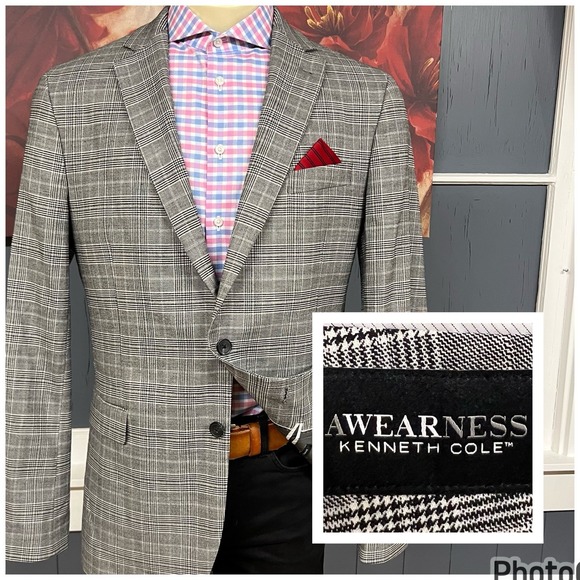 Kenneth Cole Other - Kenneth Cole Blazer Sport Coat Mens 46L Long Slim Fit Wool Blend Stretch Gray